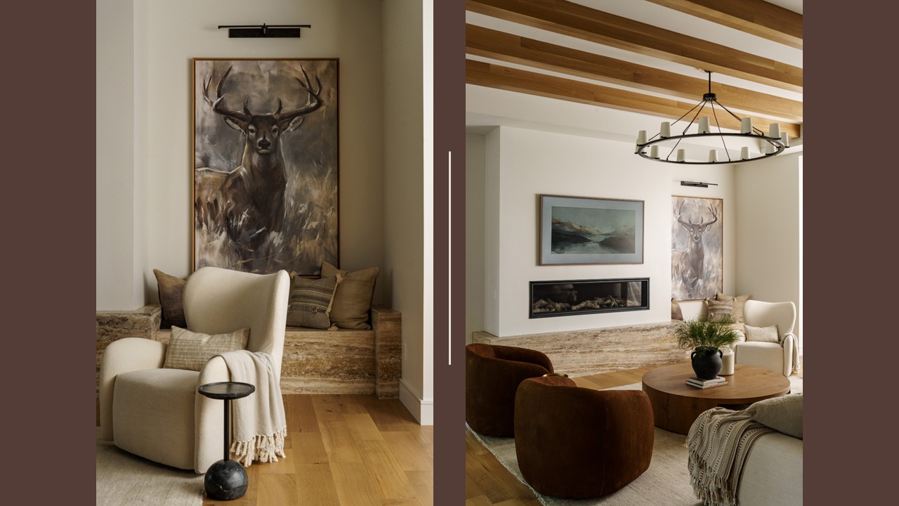 Images of the Great Room and Kitchen, focusing on painting of a stag